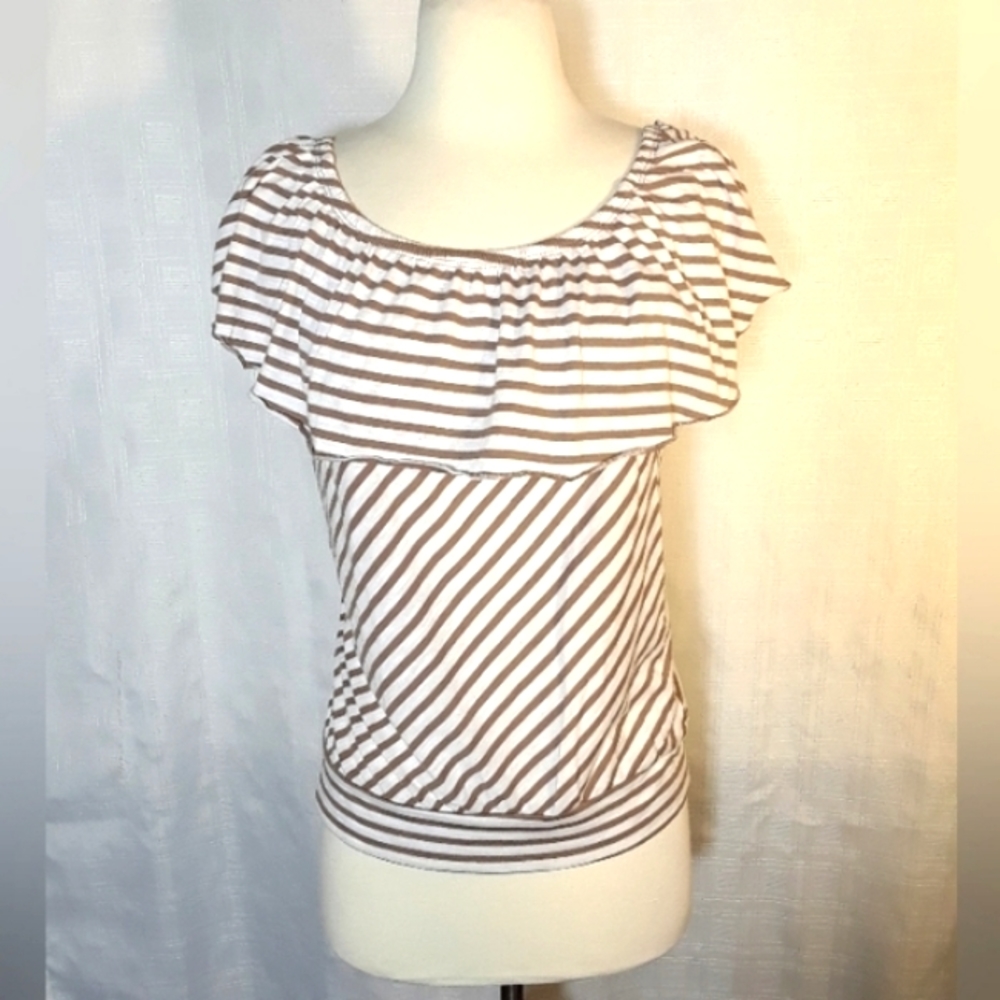 💜 Top Lena Women Short Sleeve Stripes Ruffle Comfy Relaxed Fit Small Tops